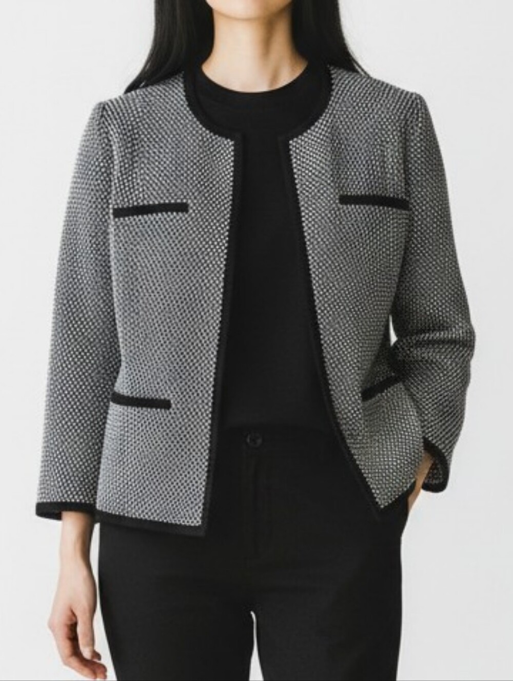 Talbots Blazer Size 14P Black White Textured 4 Pockets Double Vented Open Cotton